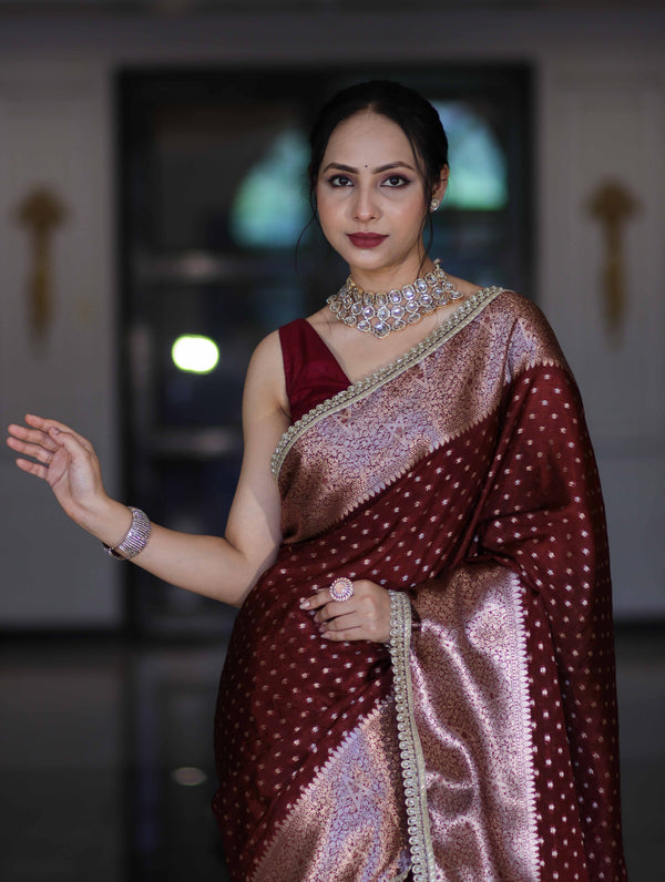 Banarasee Semi Chiffon Saree With Buti Design Broad Zari Border & Lace-Burgundy