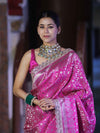 Banarasee Handloom Mashru Silk Saree With Heavy Zari Jaal & Lace Border-Pink