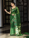 Banarasee Handloom Organza Mix Saree With Resham Zari Work & Floral Border-Green