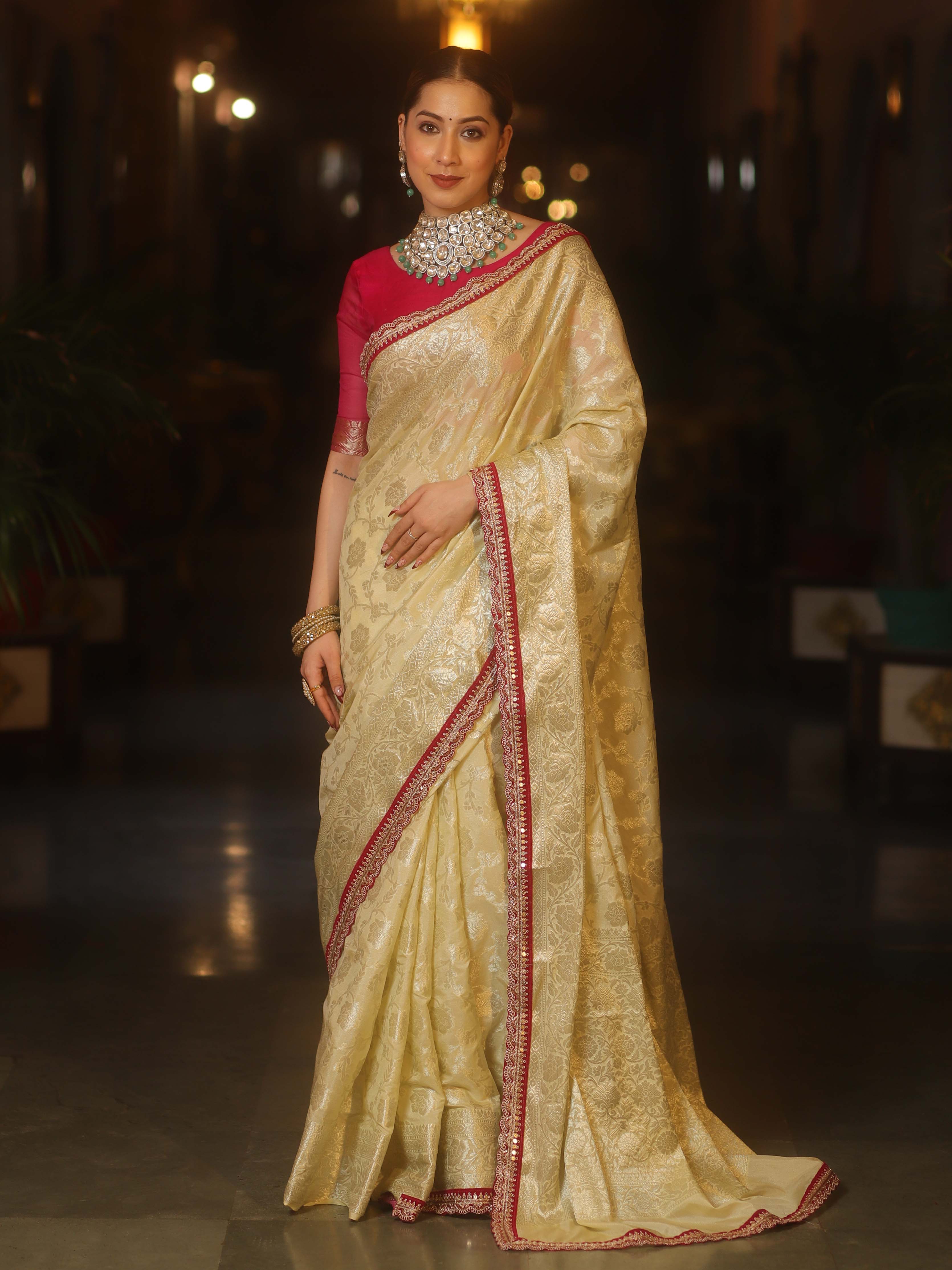 Banarasee Handwoven Georgette Saree Zari Jaal Design With Contrast Lace-Light Yellow