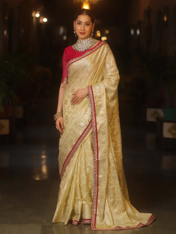 Banarasee Handwoven Georgette Saree Zari Jaal Design With Contrast Lace-Light Yellow