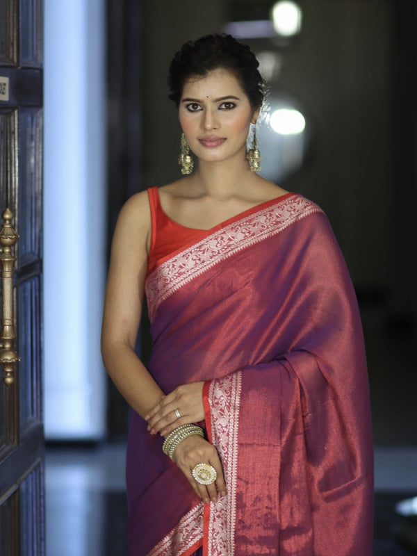 Banarasee Dual Shaded Linen Tissue Saree With Floral Border-Violet