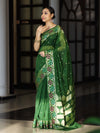 Banarasee Handloom Organza Mix Saree With Resham Zari Work & Floral Border-Green