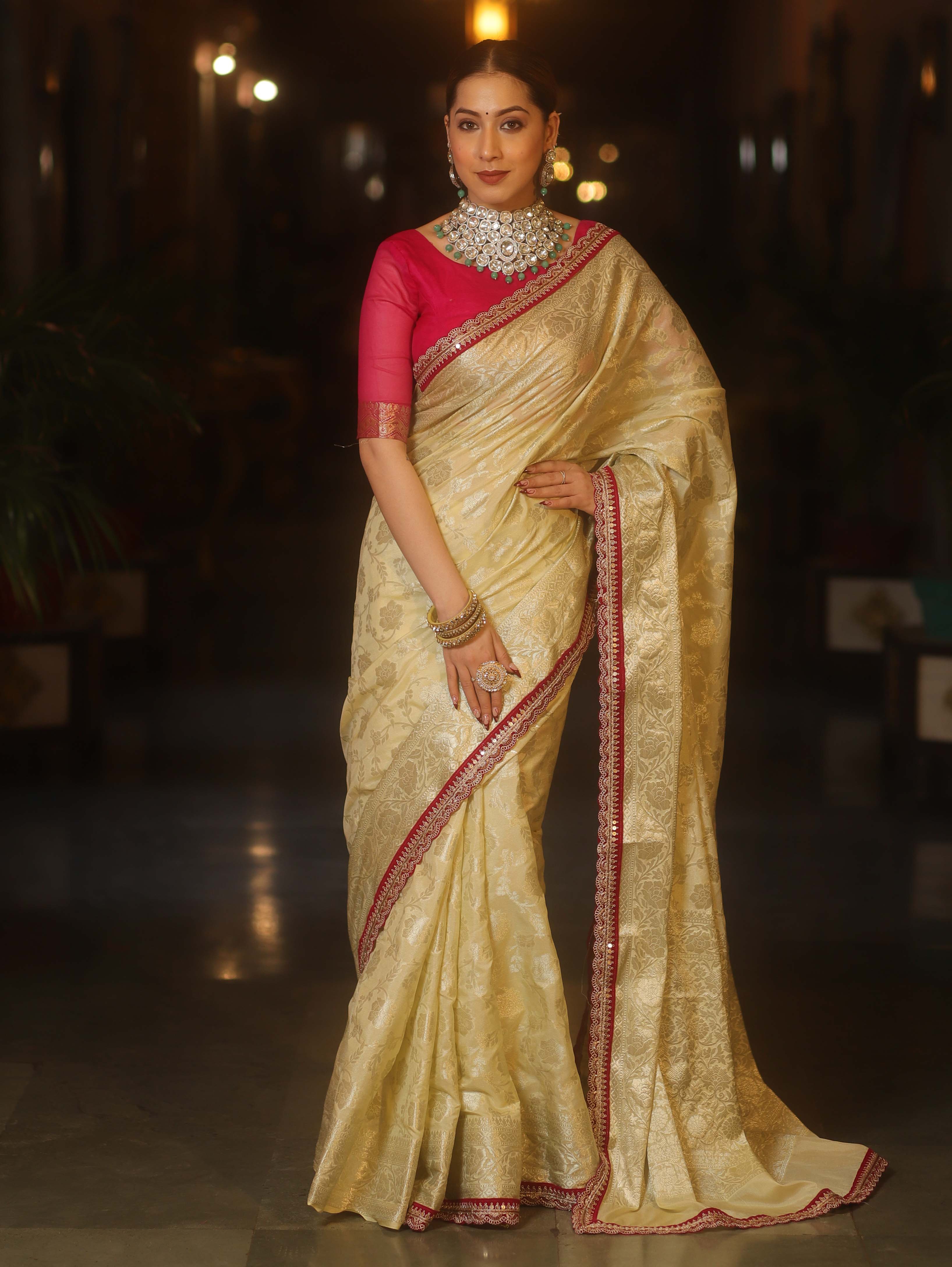 Banarasee Handwoven Georgette Saree Zari Jaal Design With Contrast Lace-Light Yellow