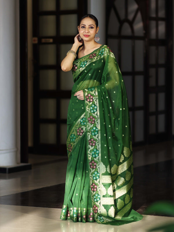 Banarasee Handloom Organza Mix Saree With Resham Zari Work & Floral Border-Green