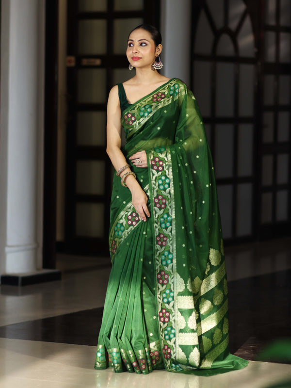 Banarasee Handloom Organza Mix Saree With Resham Zari Work & Floral Border-Green