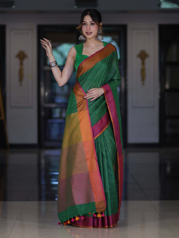 Bhagalpur Handloom Pure Linen Saree With Dual Tone Contrast Pallu-Green