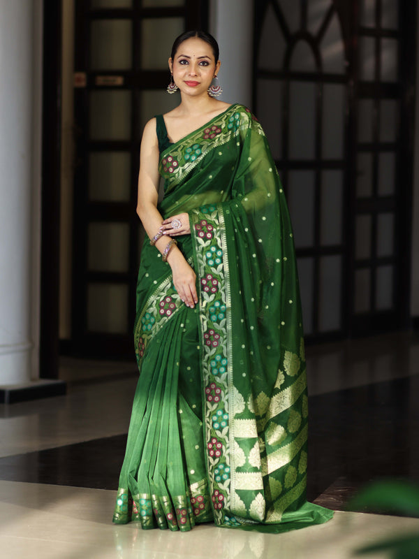 Banarasee Handloom Organza Mix Saree With Resham Zari Work & Floral Border-Green
