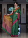 Bhagalpur Handloom Pure Linen Saree With Dual Tone Contrast Pallu-Green