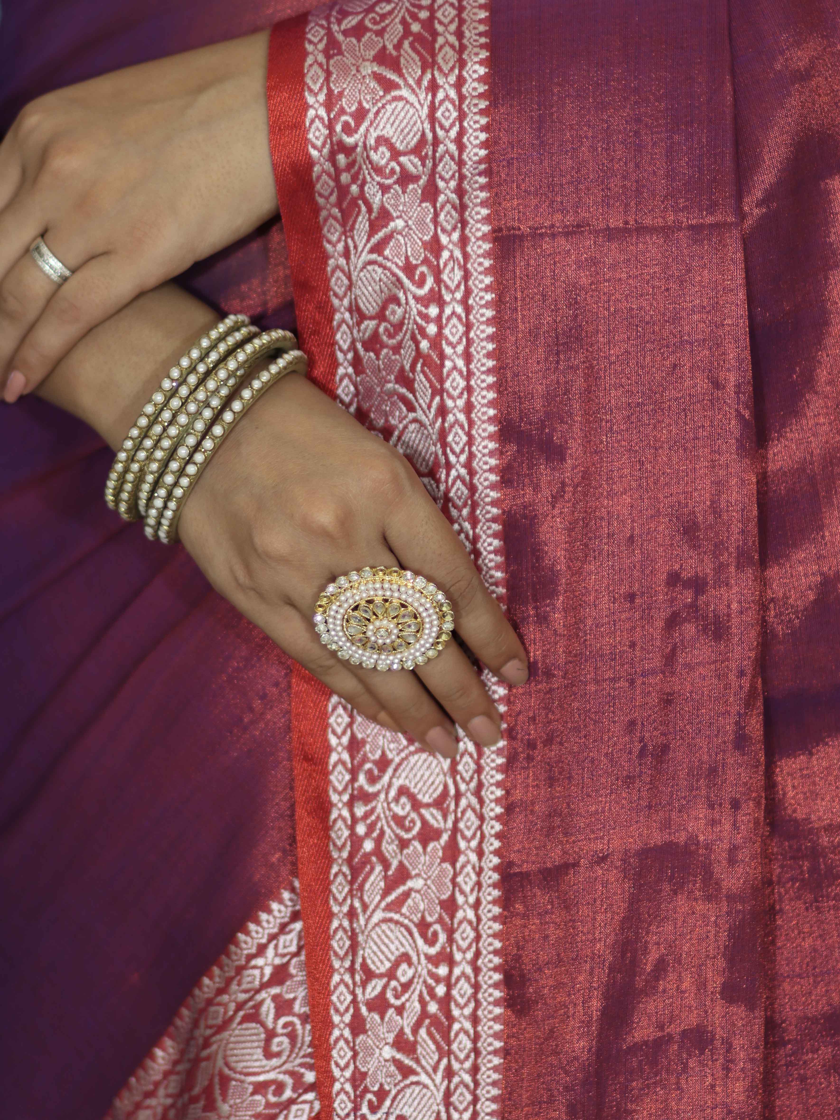 Banarasee Dual Shaded Linen Tissue Saree With Floral Border-Violet