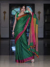 Bhagalpur Handloom Pure Linen Saree With Dual Tone Contrast Pallu-Green