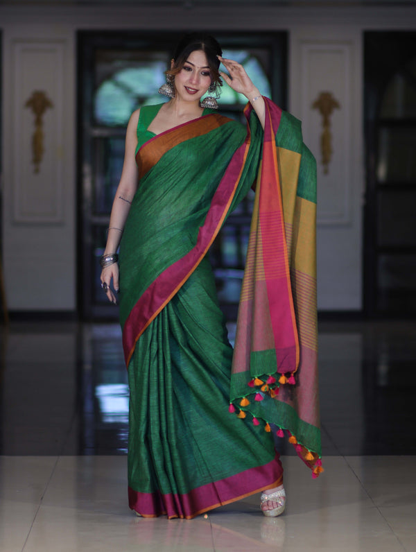 Bhagalpur Handloom Pure Linen Saree With Dual Tone Contrast Pallu-Green