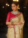 Banarasee Handwoven Georgette Saree Zari Jaal Design With Contrast Lace-Light Yellow