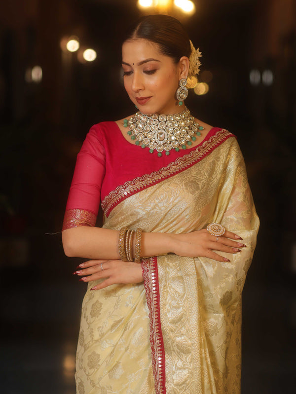 Banarasee Handwoven Georgette Saree Zari Jaal Design With Contrast Lace-Light Yellow