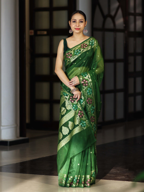 Banarasee Handloom Organza Mix Saree With Resham Zari Work & Floral Border-Green