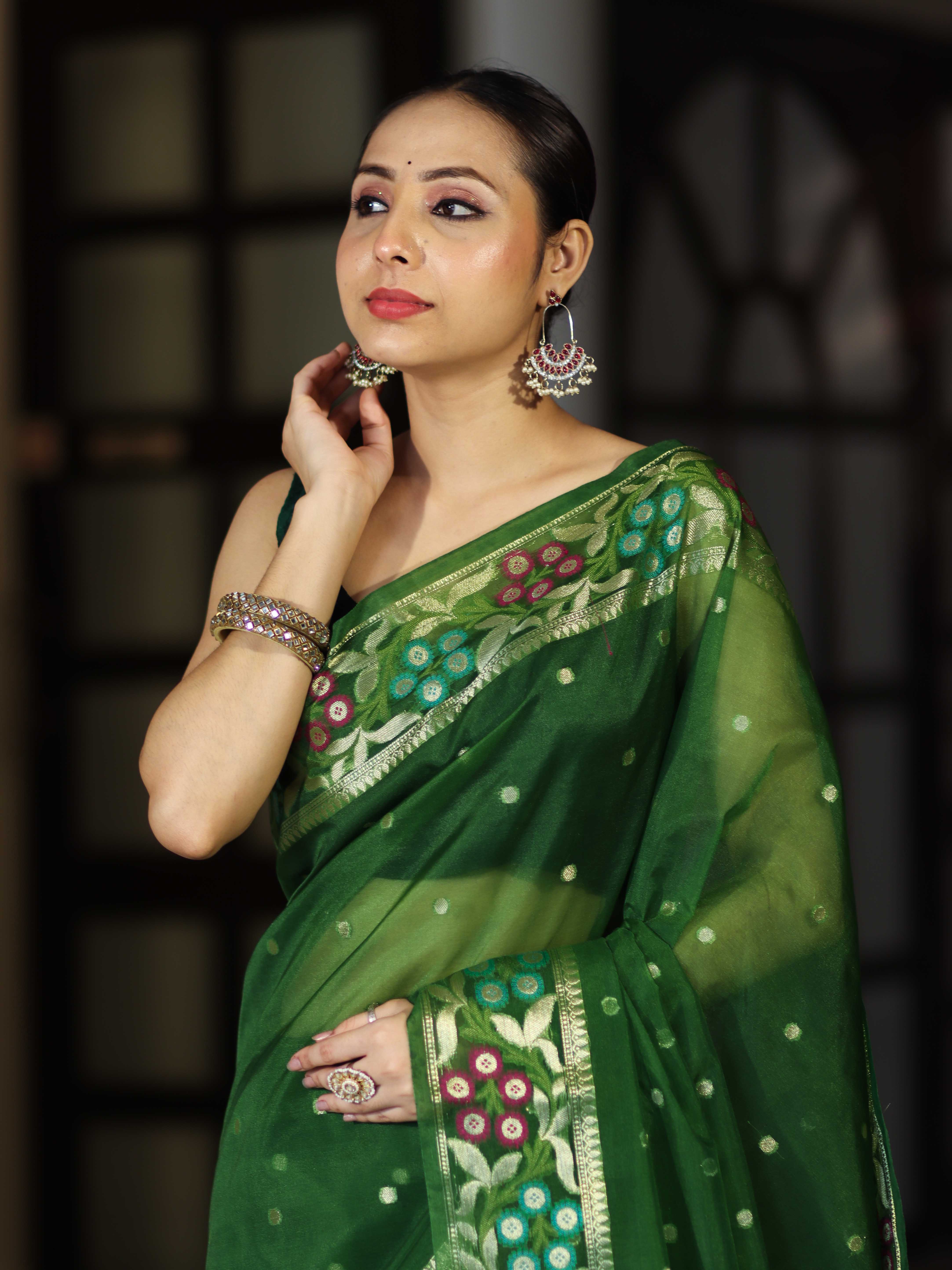 Banarasee Handloom Organza Mix Saree With Resham Zari Work & Floral Border-Green