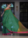Bhagalpur Handloom Pure Linen Saree With Dual Tone Contrast Pallu-Green