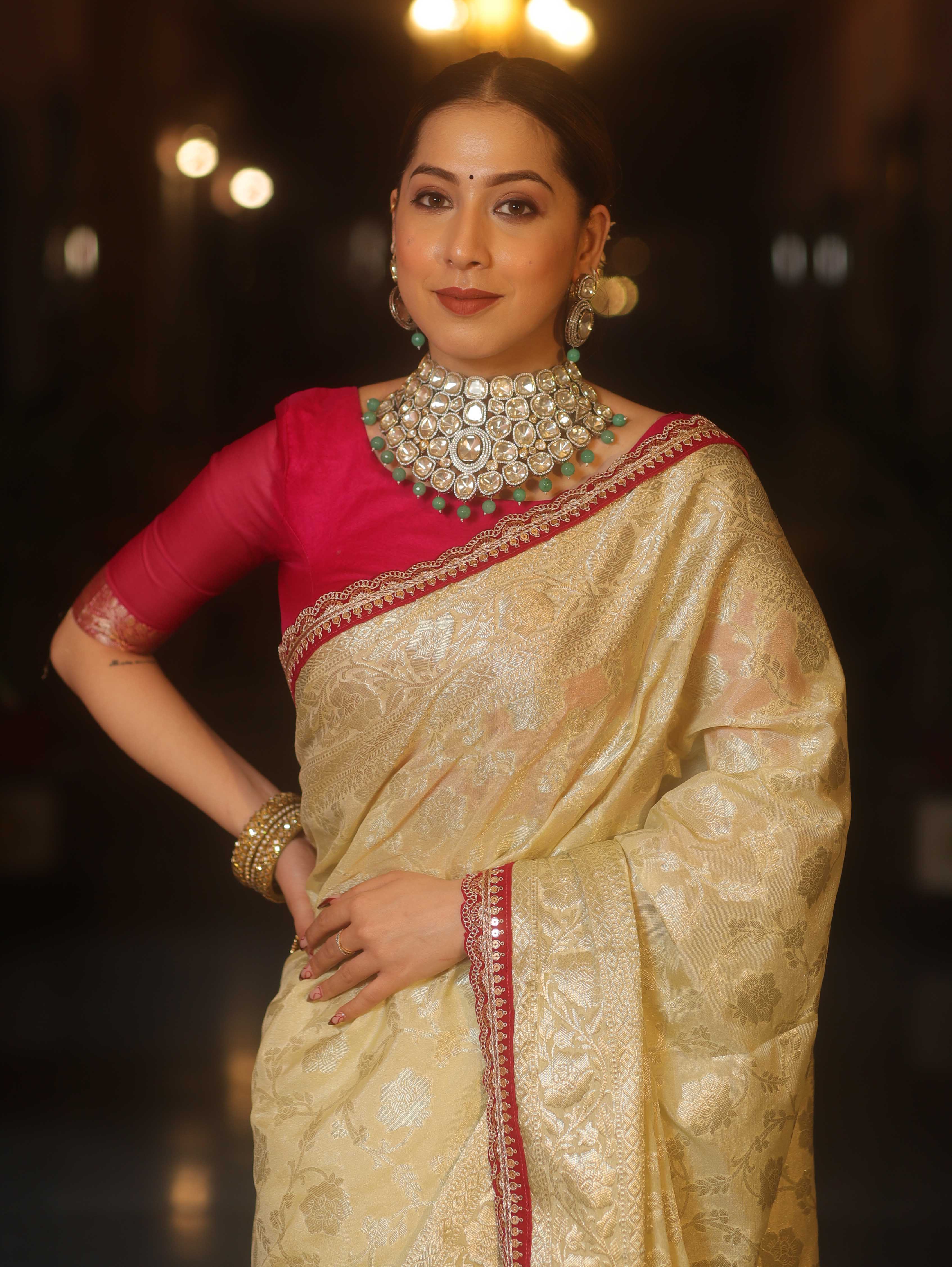 Banarasee Handwoven Georgette Saree Zari Jaal Design With Contrast Lace-Light Yellow