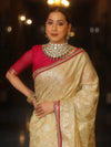 Banarasee Handwoven Georgette Saree Zari Jaal Design With Contrast Lace-Light Yellow