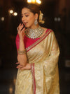 Banarasee Handwoven Georgette Saree Zari Jaal Design With Contrast Lace-Light Yellow