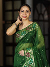 Banarasee Handloom Organza Mix Saree With Resham Zari Work & Floral Border-Green