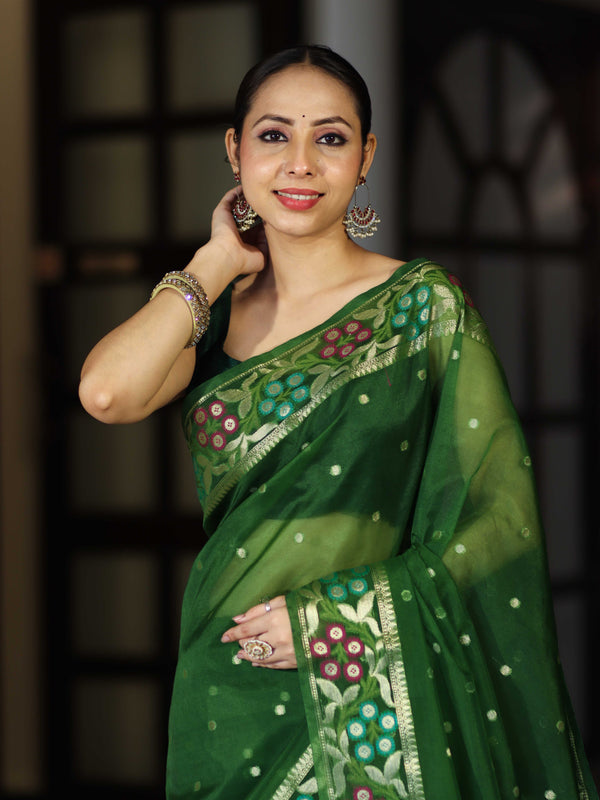 Banarasee Handloom Organza Mix Saree With Resham Zari Work & Floral Border-Green