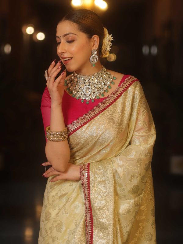 Banarasee Handwoven Georgette Saree Zari Jaal Design With Contrast Lace-Light Yellow
