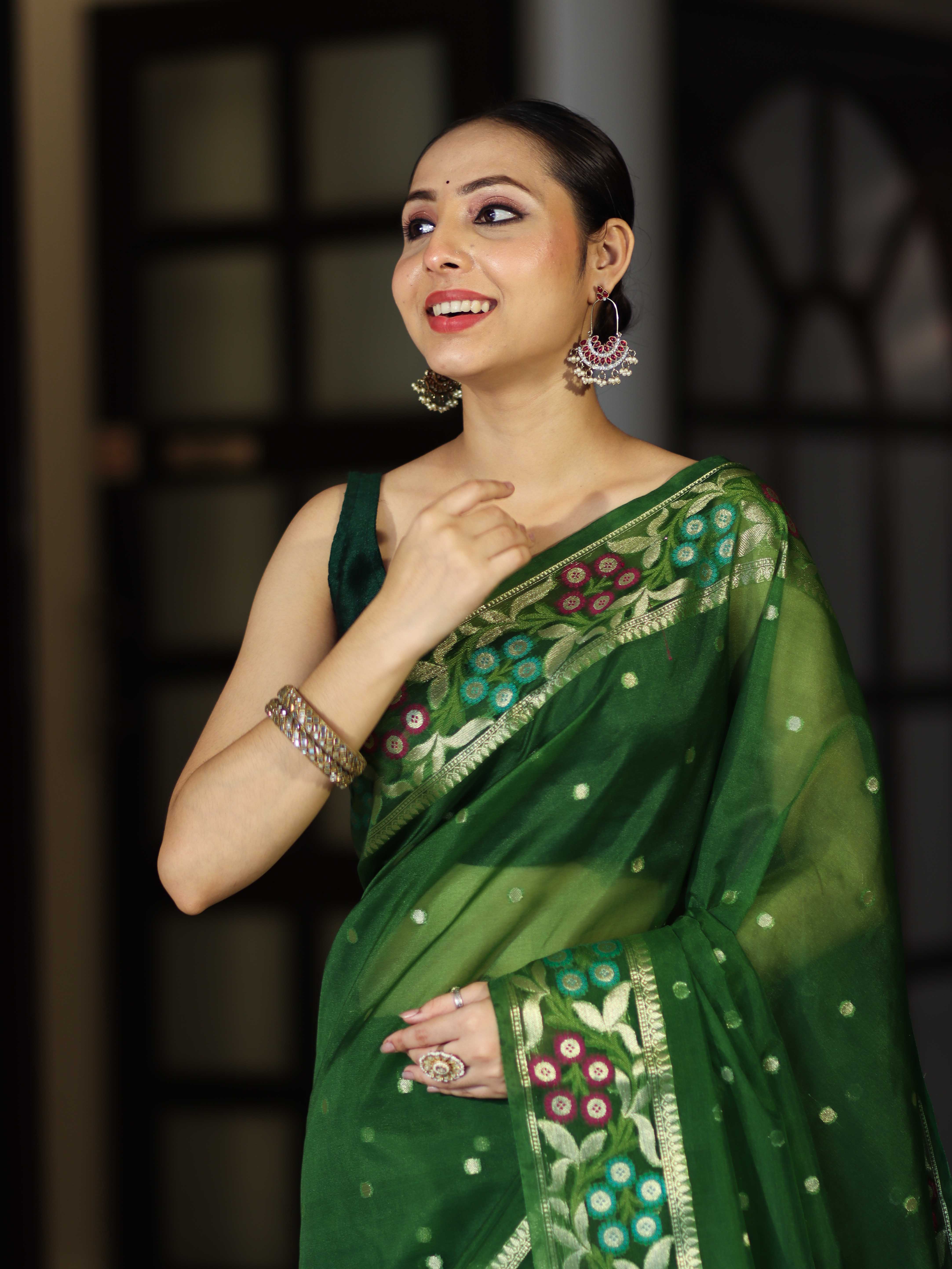 Banarasee Handloom Organza Mix Saree With Resham Zari Work & Floral Border-Green