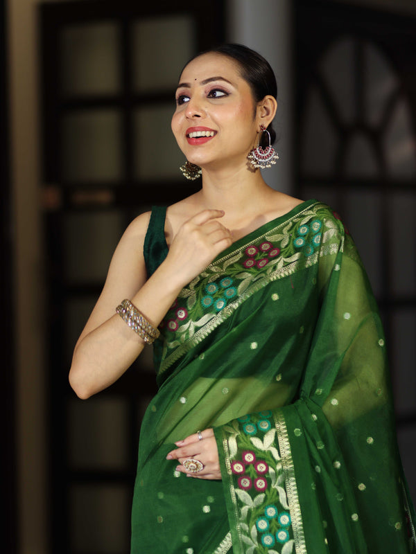Banarasee Handloom Organza Mix Saree With Resham Zari Work & Floral Border-Green