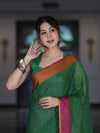 Bhagalpur Handloom Pure Linen Saree With Dual Tone Contrast Pallu-Green