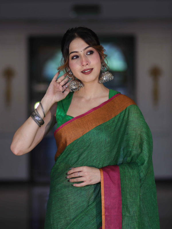 Bhagalpur Handloom Pure Linen Saree With Dual Tone Contrast Pallu-Green