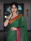 Bhagalpur Handloom Pure Linen Saree With Dual Tone Contrast Pallu-Green