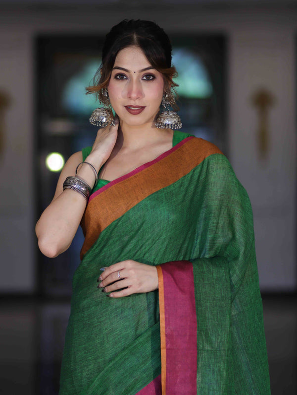 Bhagalpur Handloom Pure Linen Saree With Dual Tone Contrast Pallu-Green