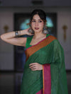 Bhagalpur Handloom Pure Linen Saree With Dual Tone Contrast Pallu-Green