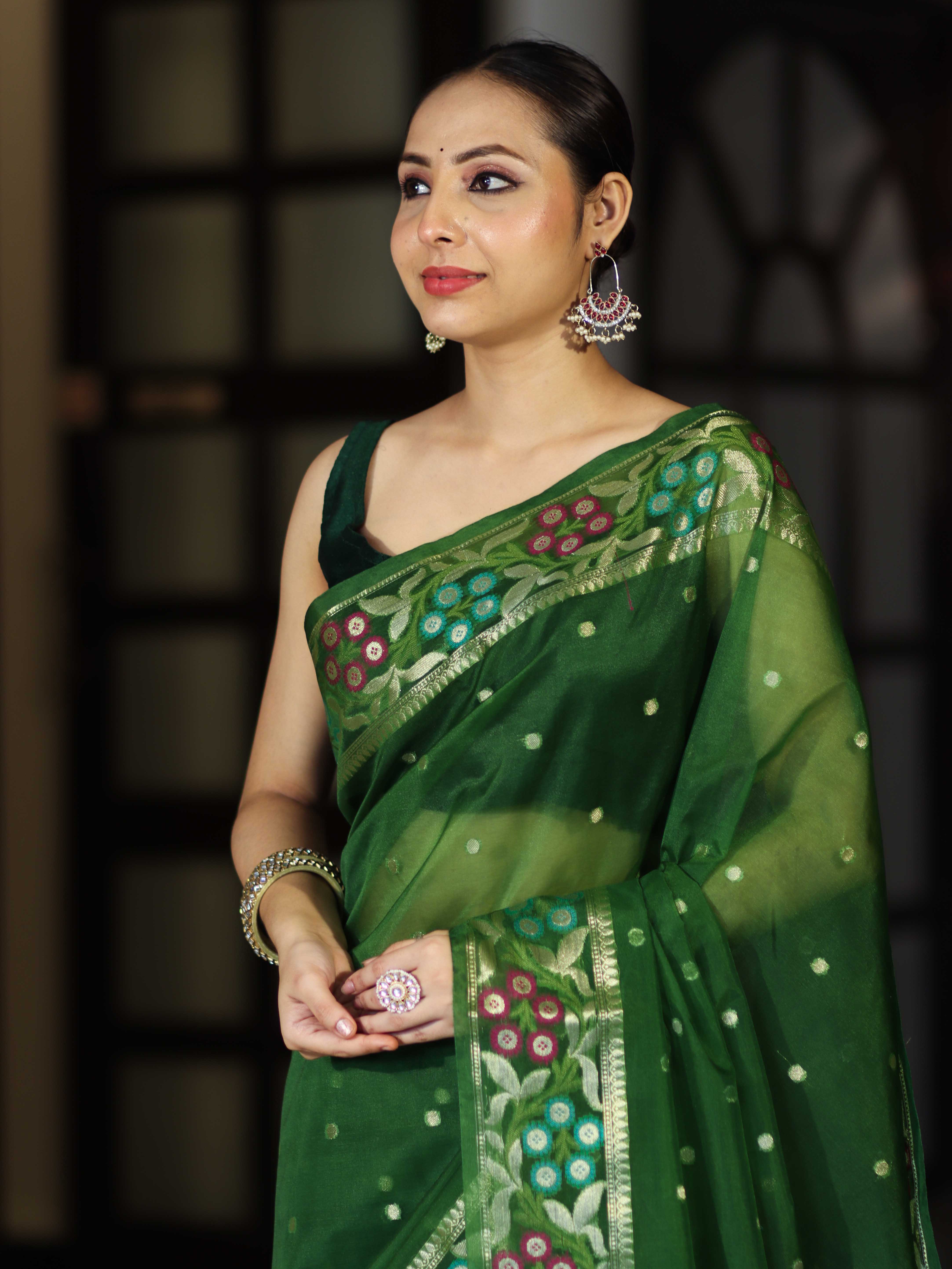 Banarasee Handloom Organza Mix Saree With Resham Zari Work & Floral Border-Green