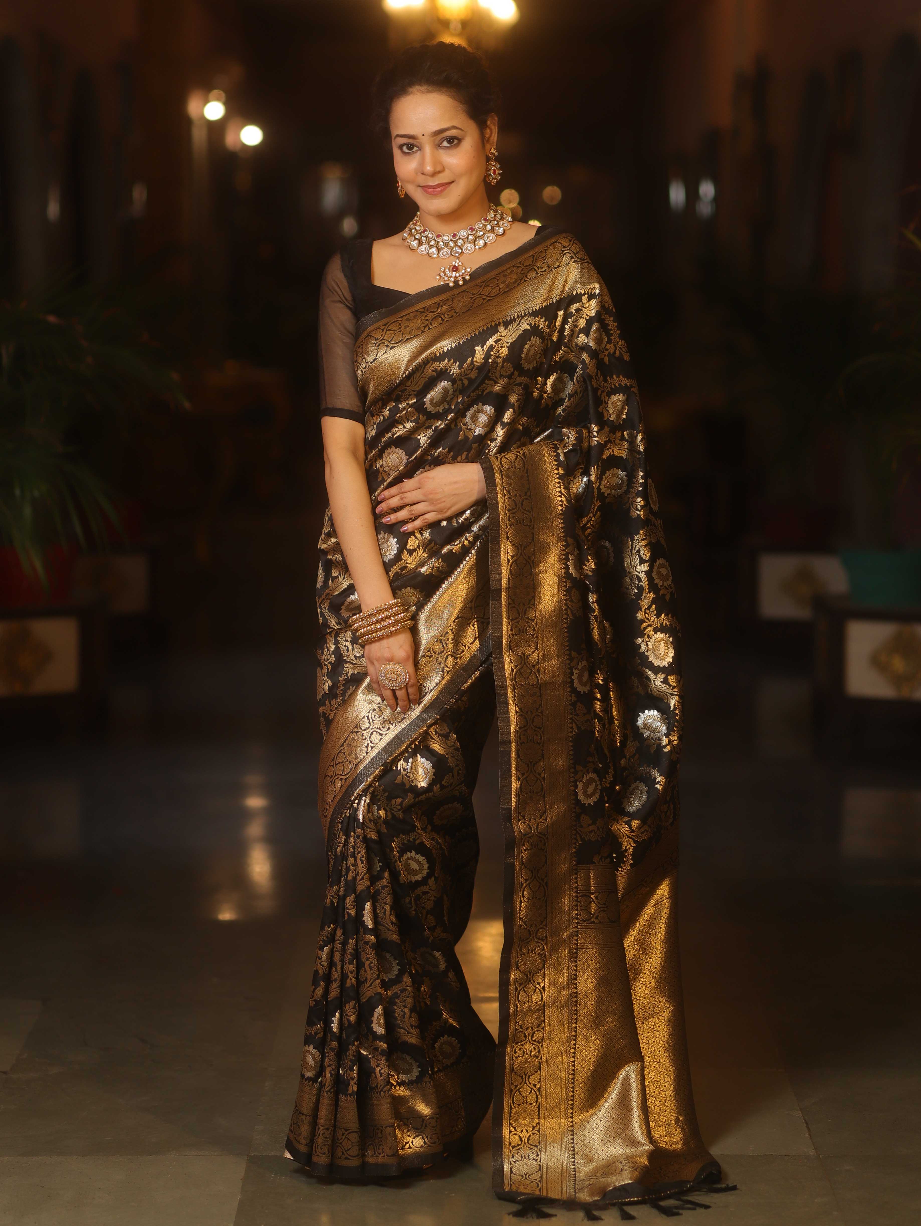 Banarasee Handwoven Semi Katan Saree With Sona Rupa Zari Jaal Design & Border-Black