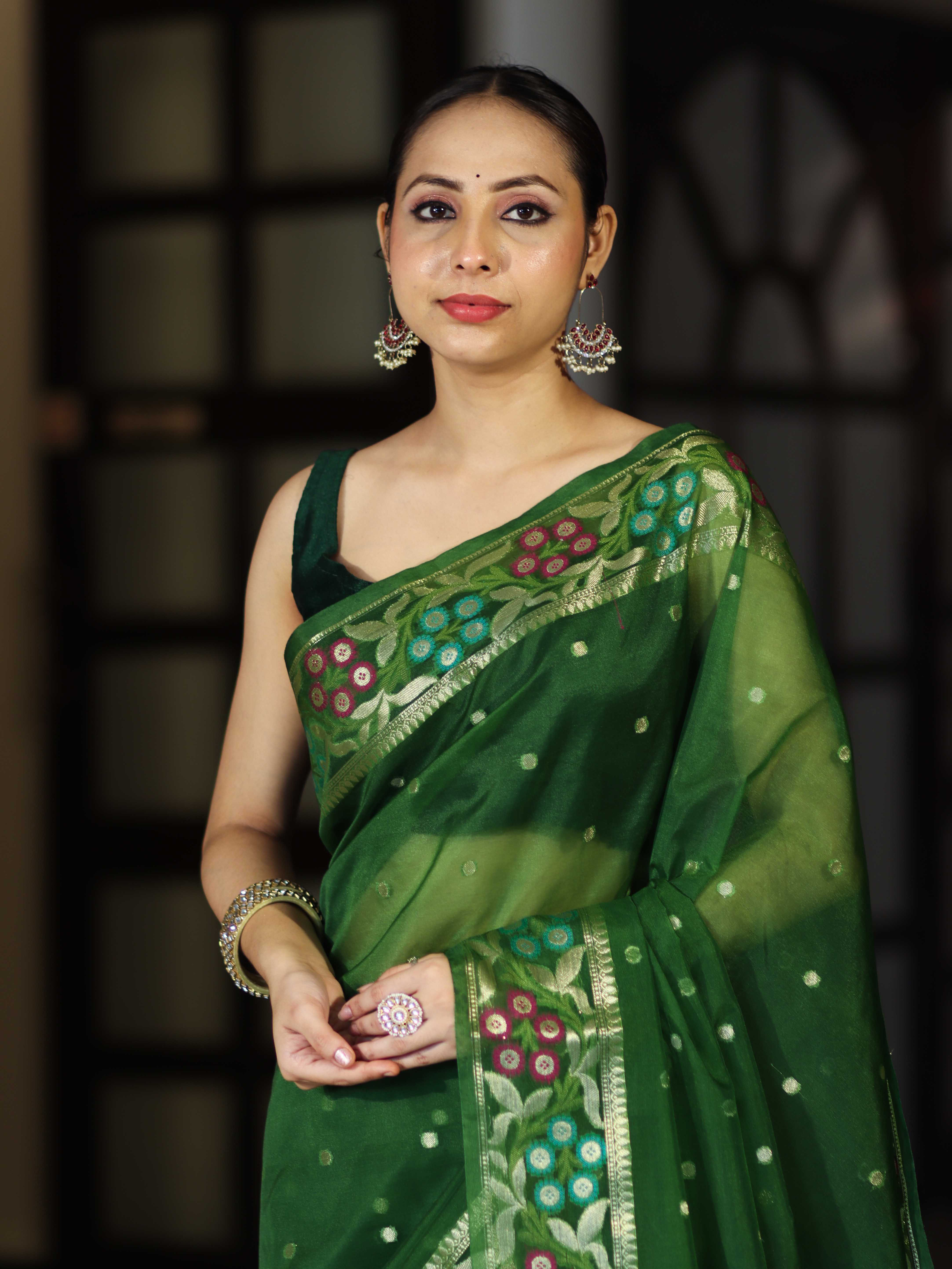 Banarasee Handloom Organza Mix Saree With Resham Zari Work & Floral Border-Green