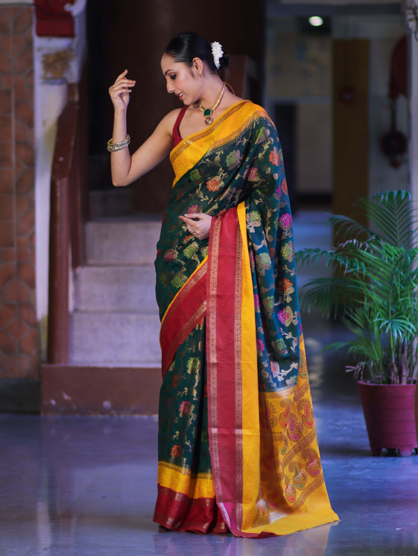 Banarasee Semi Chiffon Saree With Floral Jaal Work & Contrast Border-Green & Maroon