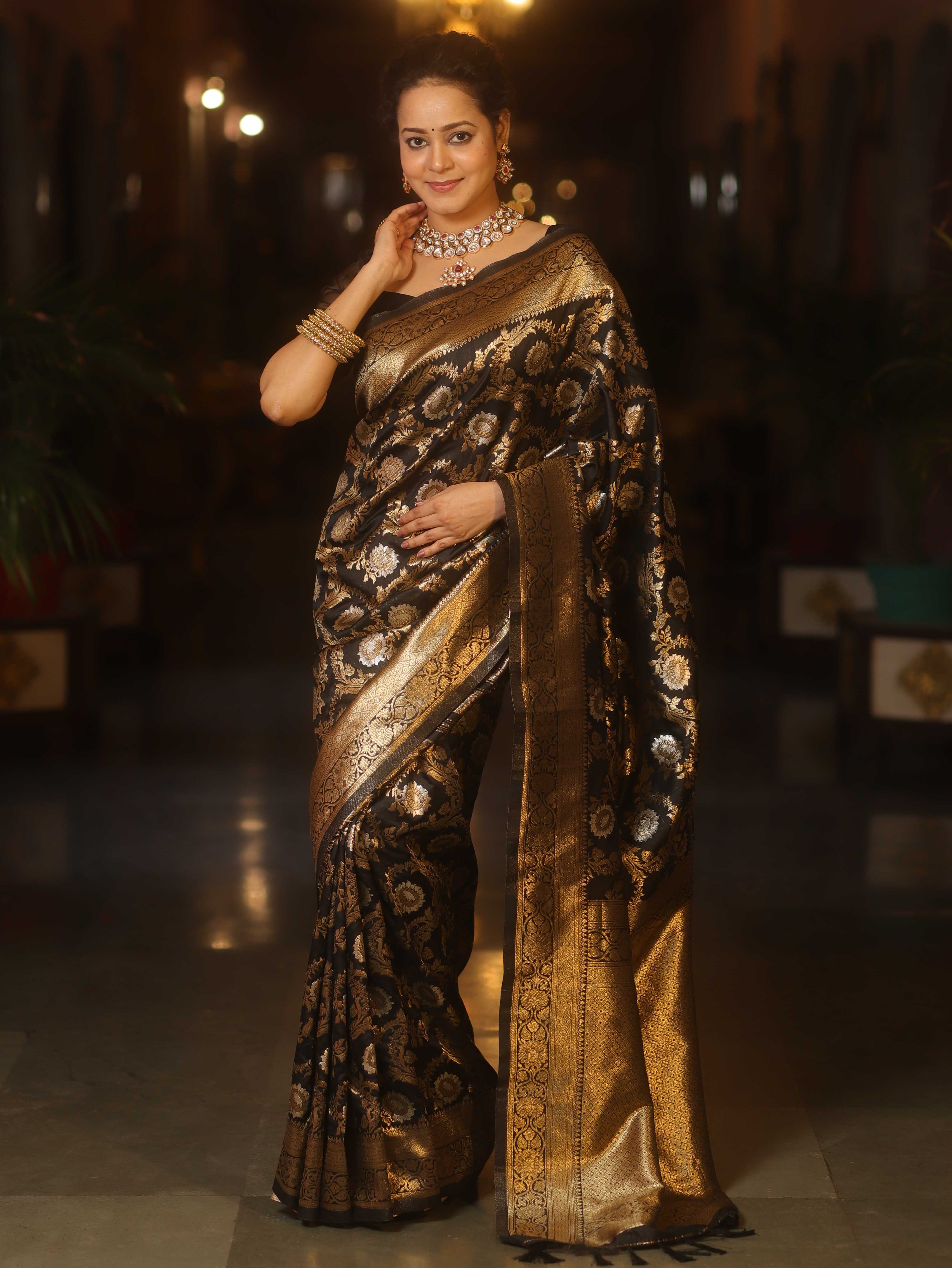 Banarasee Handwoven Semi Katan Saree With Sona Rupa Zari Jaal Design & Border-Black