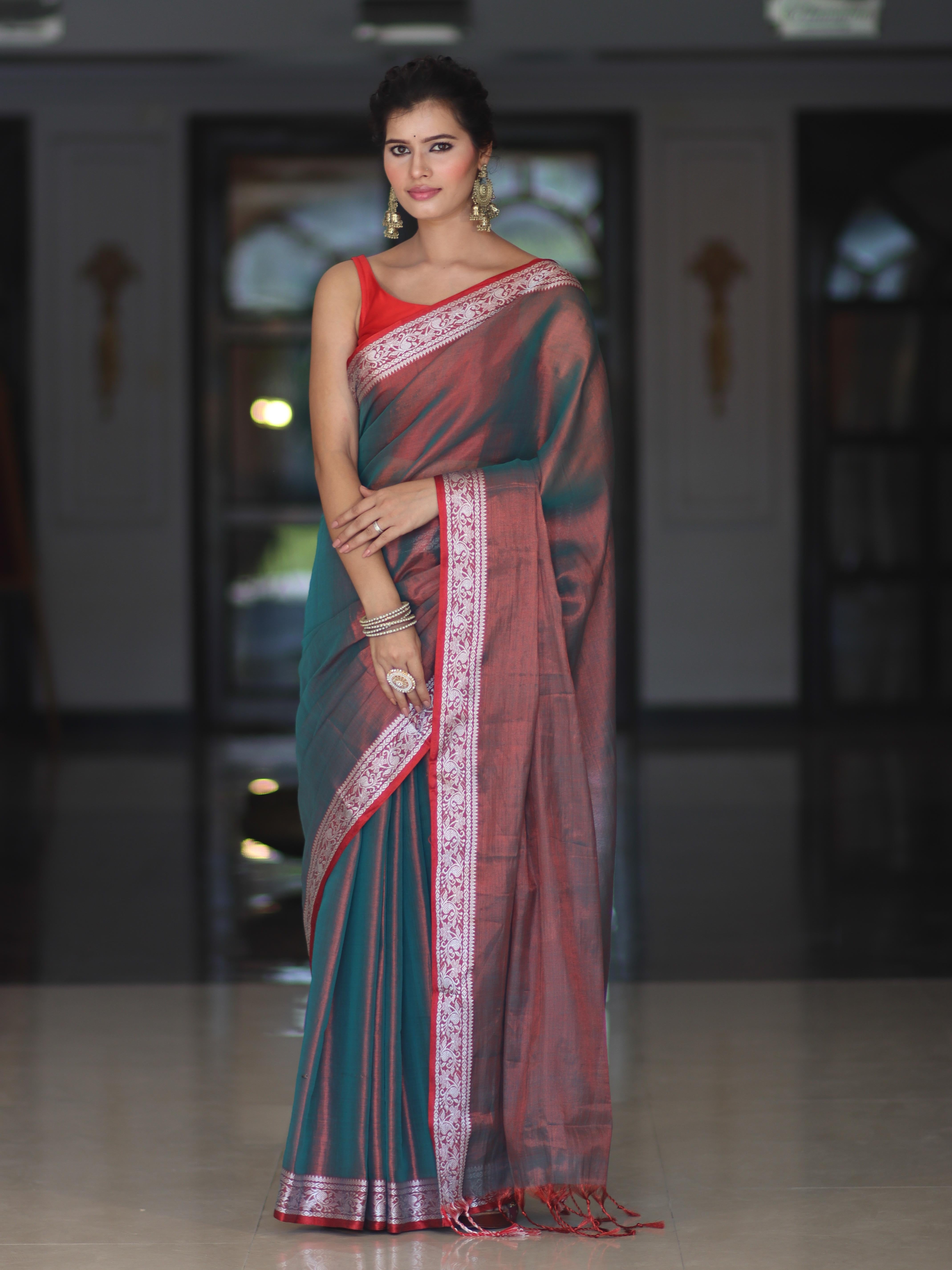 Banarasee Dual Shaded Linen Tissue Saree With Floral Border-Green