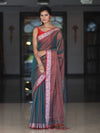 Banarasee Dual Shaded Linen Tissue Saree With Floral Border-Green