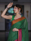 Bhagalpur Handloom Pure Linen Saree With Dual Tone Contrast Pallu-Green