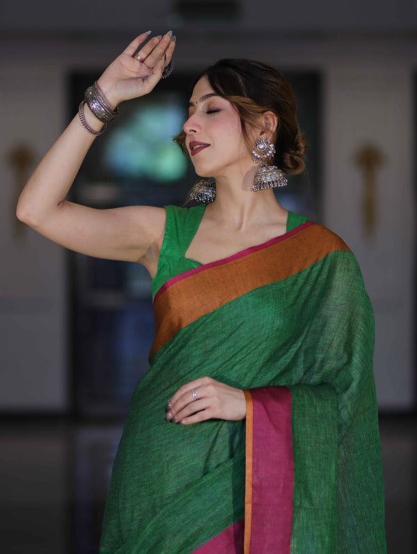 Bhagalpur Handloom Pure Linen Saree With Dual Tone Contrast Pallu-Green