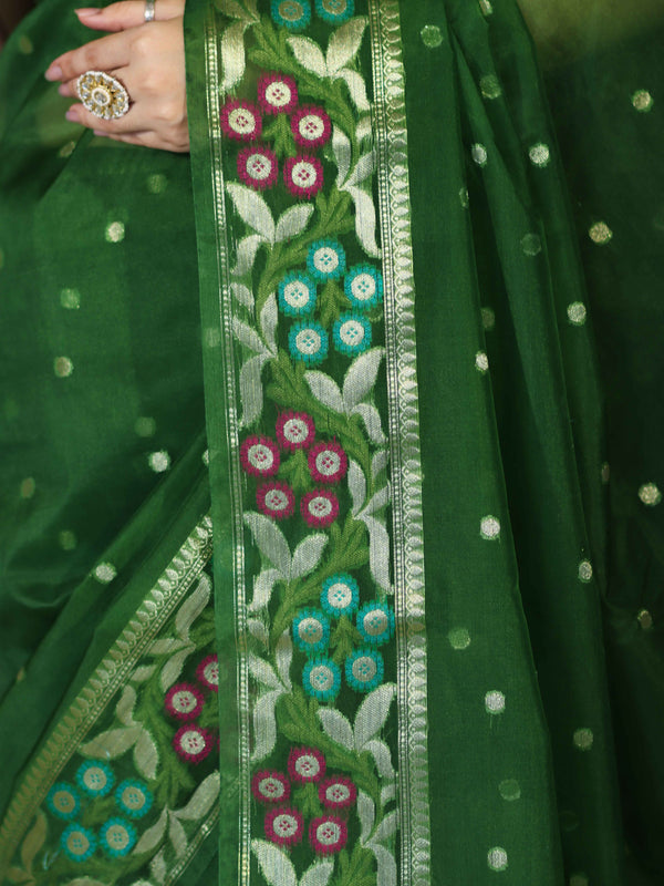 Banarasee Handloom Organza Mix Saree With Resham Zari Work & Floral Border-Green
