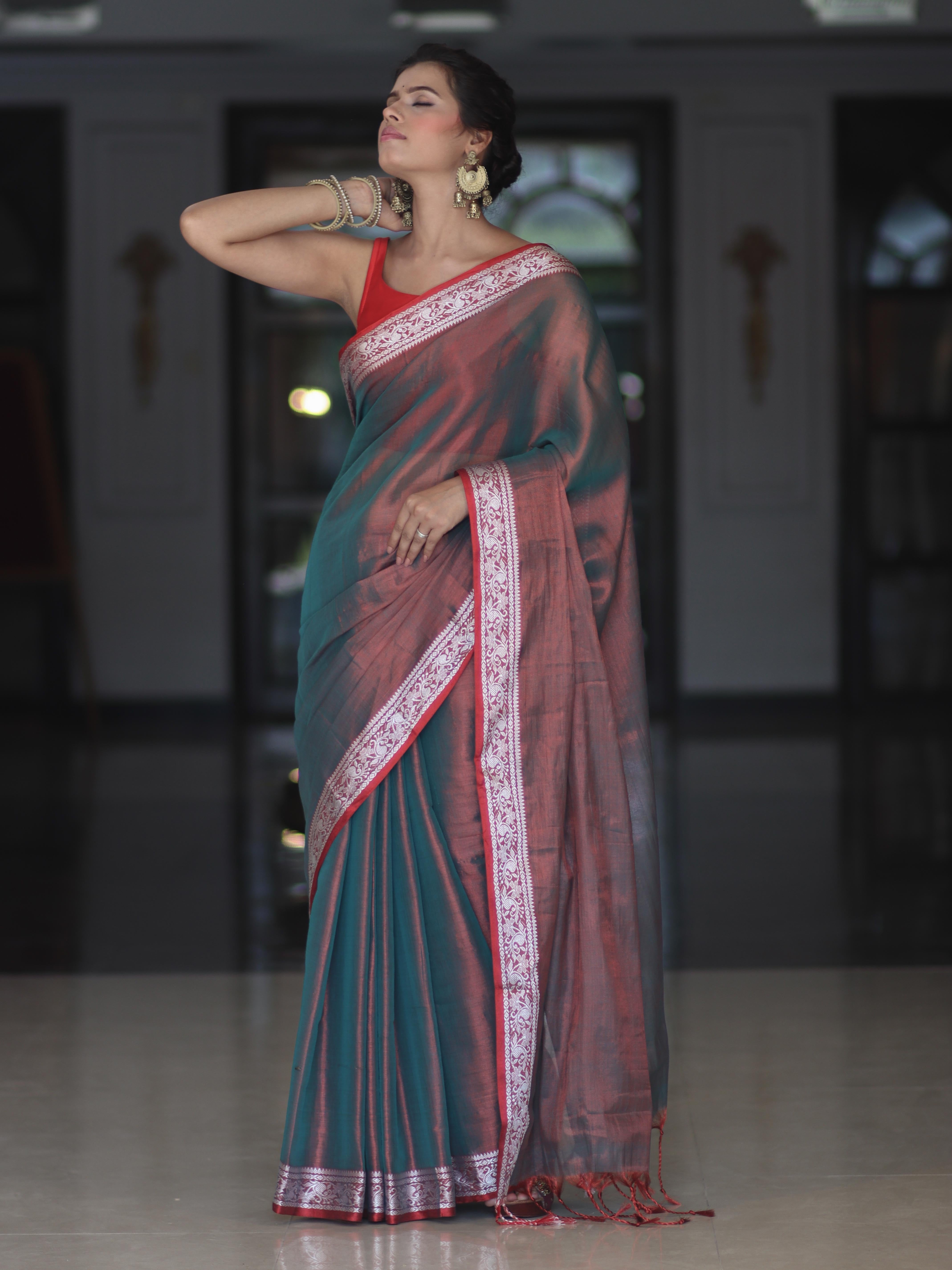 Banarasee Dual Shaded Linen Tissue Saree With Floral Border-Green