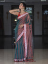 Banarasee Dual Shaded Linen Tissue Saree With Floral Border-Green