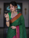 Bhagalpur Handloom Pure Linen Saree With Dual Tone Contrast Pallu-Green