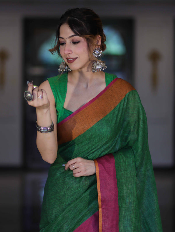 Bhagalpur Handloom Pure Linen Saree With Dual Tone Contrast Pallu-Green