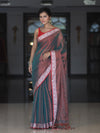 Banarasee Dual Shaded Linen Tissue Saree With Floral Border-Green