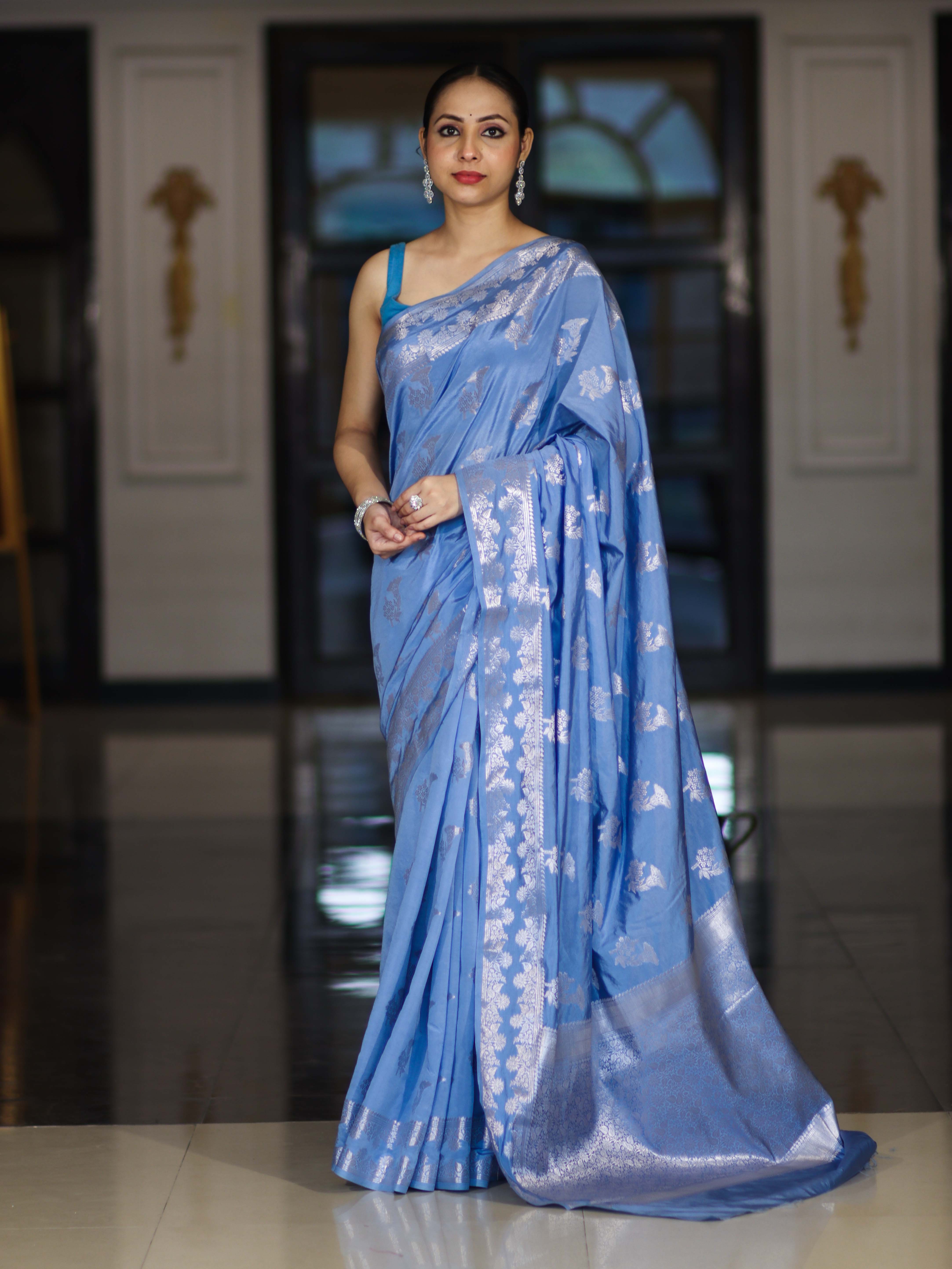 Banarasee Handloom Soft Silk Saree With Zari Buta Work & Border-Powder Blue